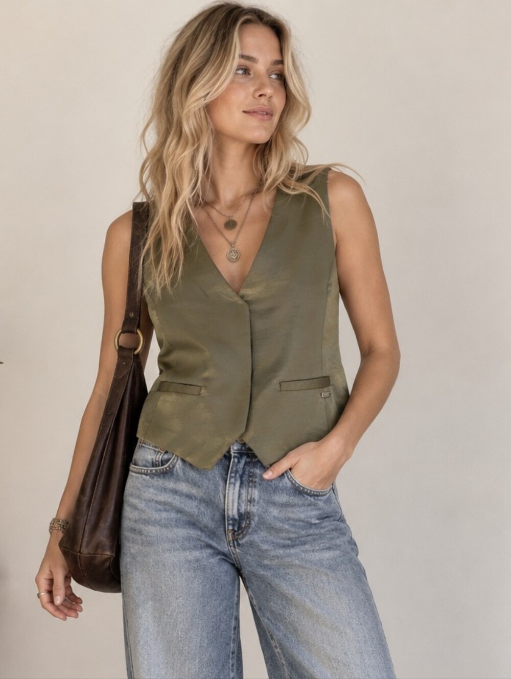 Scotch & Soda 90s Minimalist Martini Olive Green Satin Tailored Vest Chic Y2K S